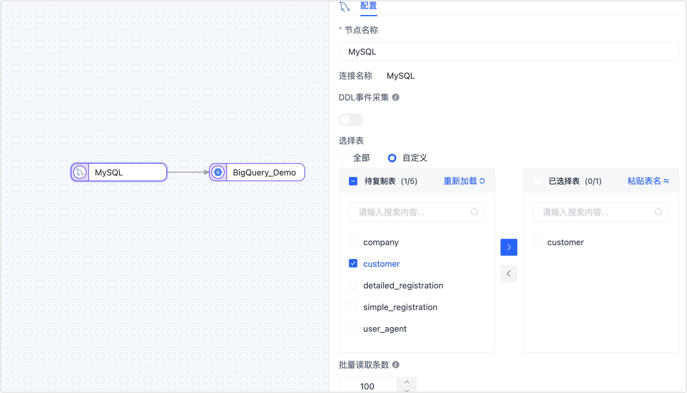 选择要同步的表